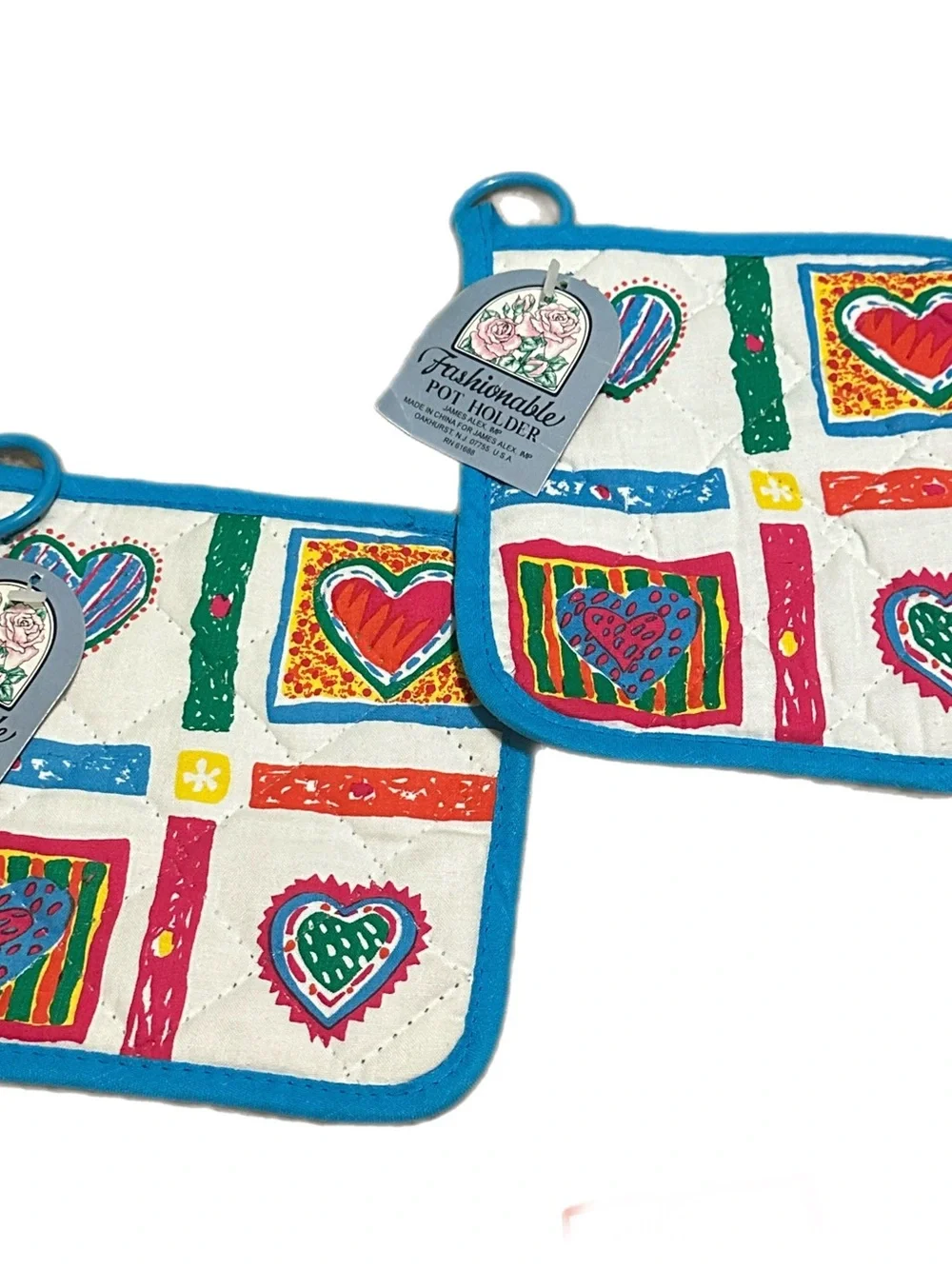 2 Vintage Colorful Rainbow Hearts Quilted Square Potholder Trivet Square Set New